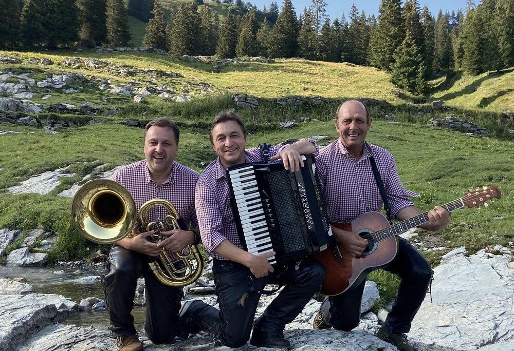 Drei Männer in karierten Hemder mit Musikinstrumenten in den Bergen | © Silvretta Montafon - Werner Konzett