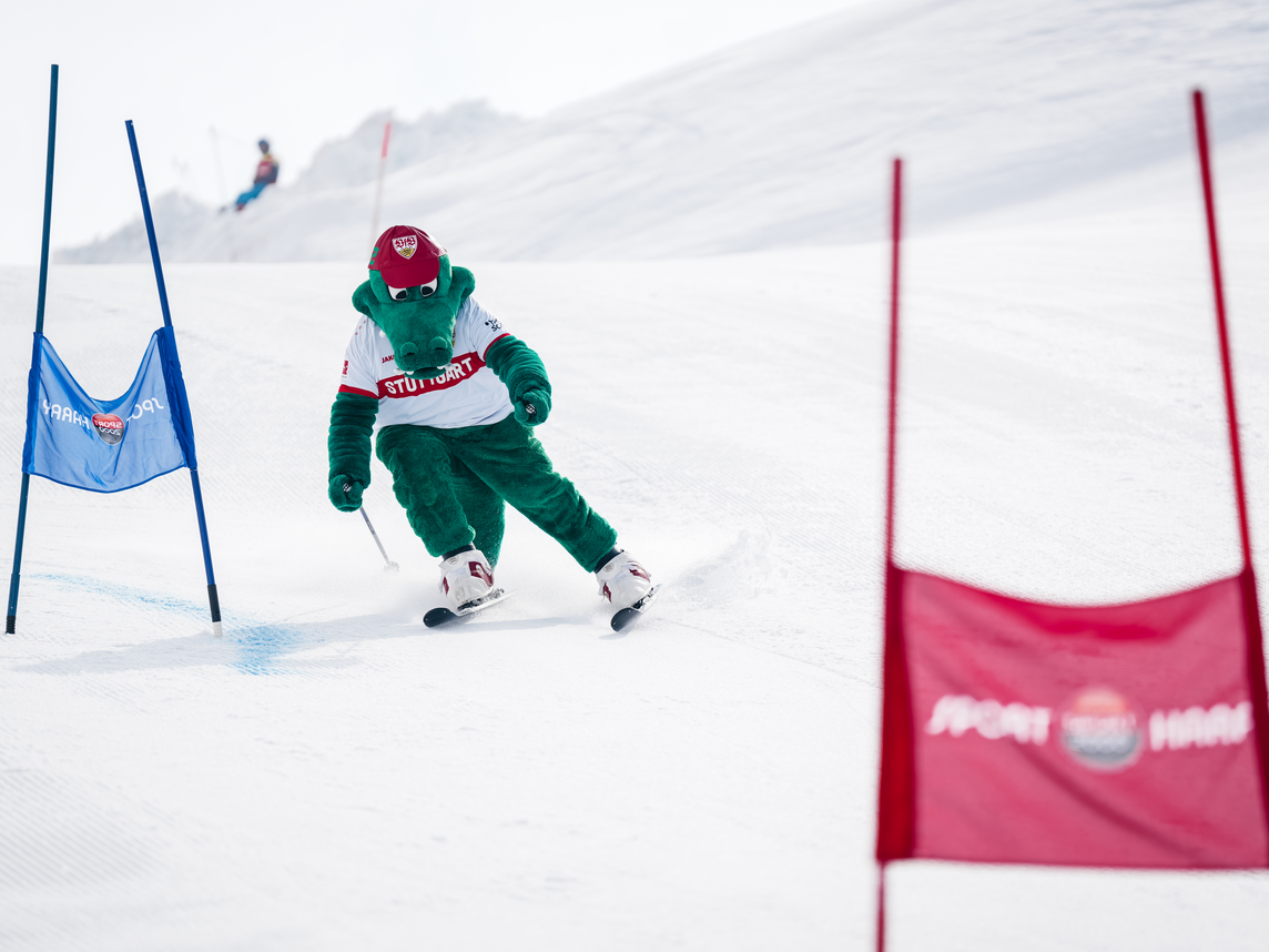 Das Krokodil Maskottchen vom VfB Stuttgart beim Skirennen beim VfB Skitag in der Silvretta Montafon | © VfB Stuttgart - Silvretta Montafon