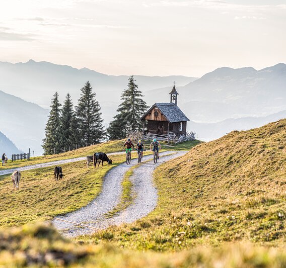 Drei Mountainbiker fahren am Bartholomäberg Richting Itonskopf im Montafon. | © Silvretta Montafon - Andreas Meyer - WOM Medien