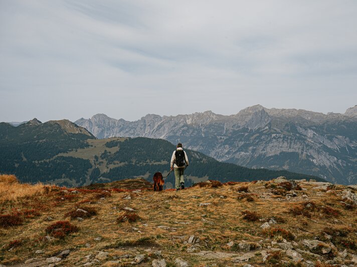 Wandern im Herbst - Silvretta Montafon | © Silvretta Montafon - Vanessa Strauch Eine Frau wandert mit Hund durch die bunt verfärbten Berge im Herbst in der Silvretta Montafon. | © Silvretta Montafon - Vanessa Strauch