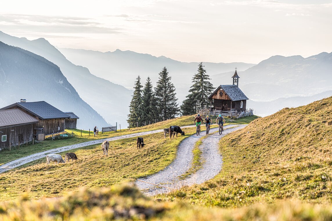 Drei Mountainbiker fahren am Bartholomäberg Richting Itonskopf im Montafon. | © Silvretta Montafon - Andreas Meyer - WOM Medien
