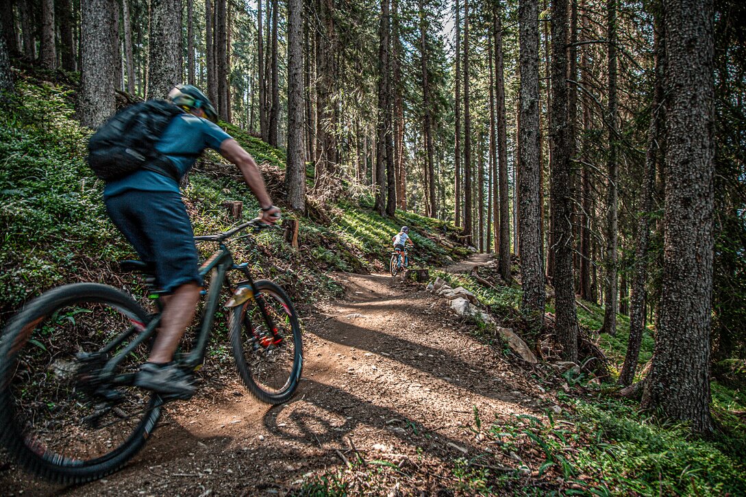 Ein Mountainbiker mit seinen Kindern fährt im Bikepakr am Hochjoch durch den Wald in der Silvretta Montafon. | © Silvretta Montafon - Friederike Weber